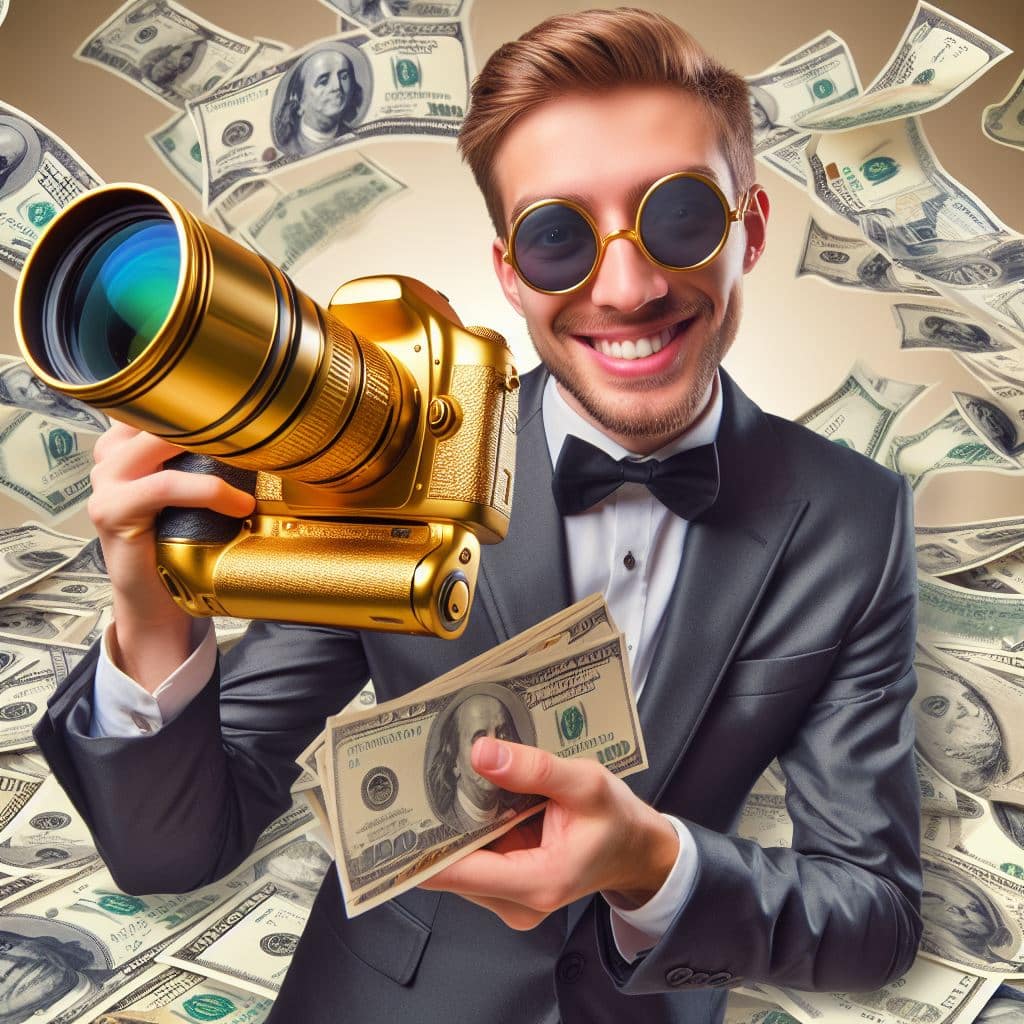 Ein Fotograf mit einer goldenen Kamera und viel Geld um sich herum